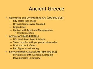 Ancient Greece
• Geometric and Orientalizing Art (900-600 BCE)
–
–
–
–

City-states took shape
Olympic Games were founded
...