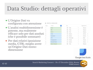 Search Marketing Connect - 16 e 17 Dicembre 2016, Rimini
#SMConnect41/45
L’Origine Dati va
configurata con attenzione
L’analisi multidimensione è
potente, ma realmente
efficace solo per dati assoluti
(che è possibile sommare)
Per dati relativi (posizione
media, CTR), meglio avere
un’Origine Dati mono-
dimensione
Data Studio: dettagli operativi
 