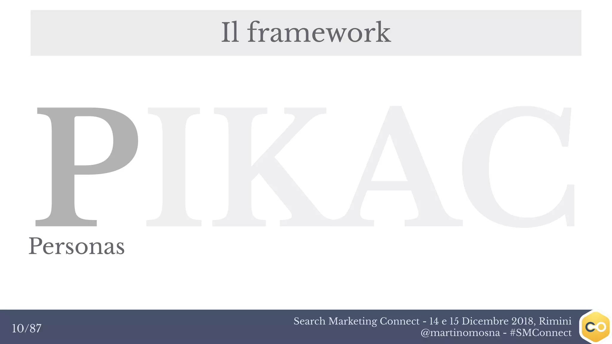 Search Marketing Connect - 14 e 15 Dicembre 2018, Rimini
@martinomosna - #SMConnect10/87
Il framework
PIKACPersonas
 