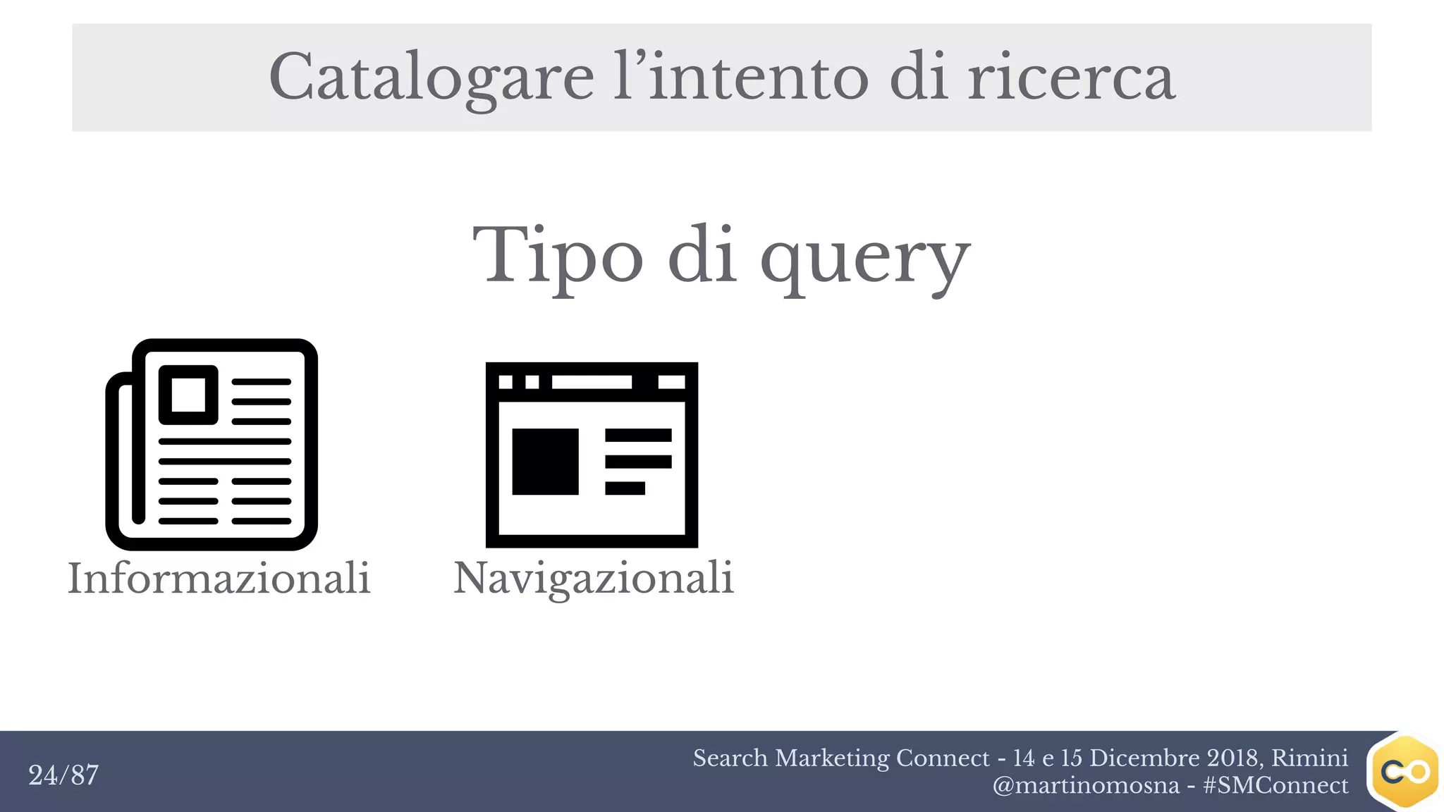Search Marketing Connect - 14 e 15 Dicembre 2018, Rimini
@martinomosna - #SMConnect24/87
Catalogare l’intento di ricerca
Informazionali Navigazionali
Tipo di query
 