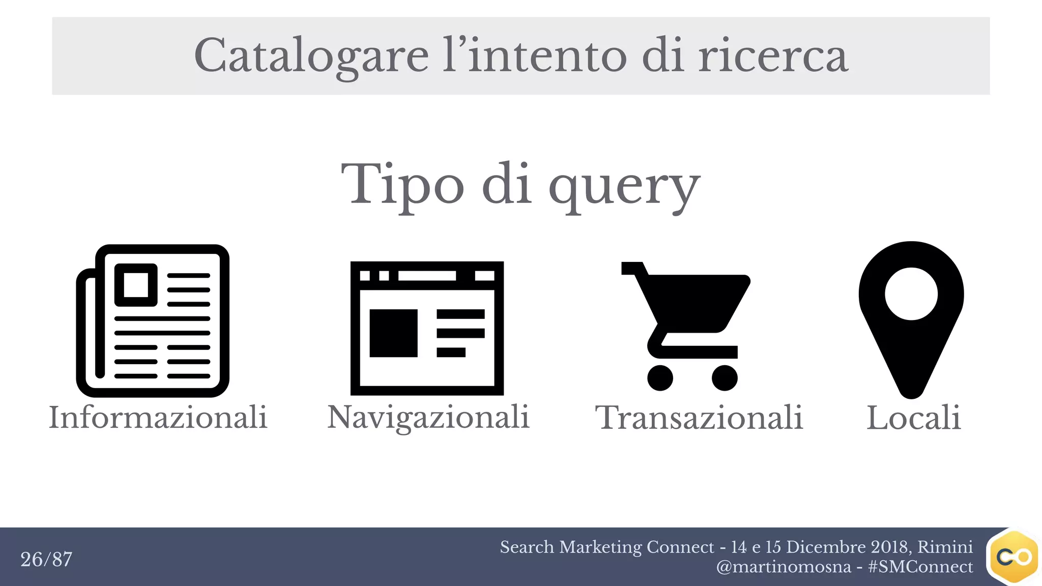 Search Marketing Connect - 14 e 15 Dicembre 2018, Rimini
@martinomosna - #SMConnect26/87
Catalogare l’intento di ricerca
Informazionali Navigazionali Transazionali
Tipo di query
Locali
 