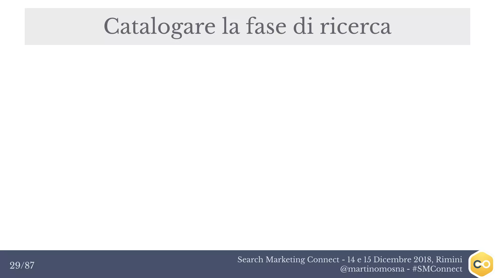 Search Marketing Connect - 14 e 15 Dicembre 2018, Rimini
@martinomosna - #SMConnect29/87
Catalogare la fase di ricerca
 