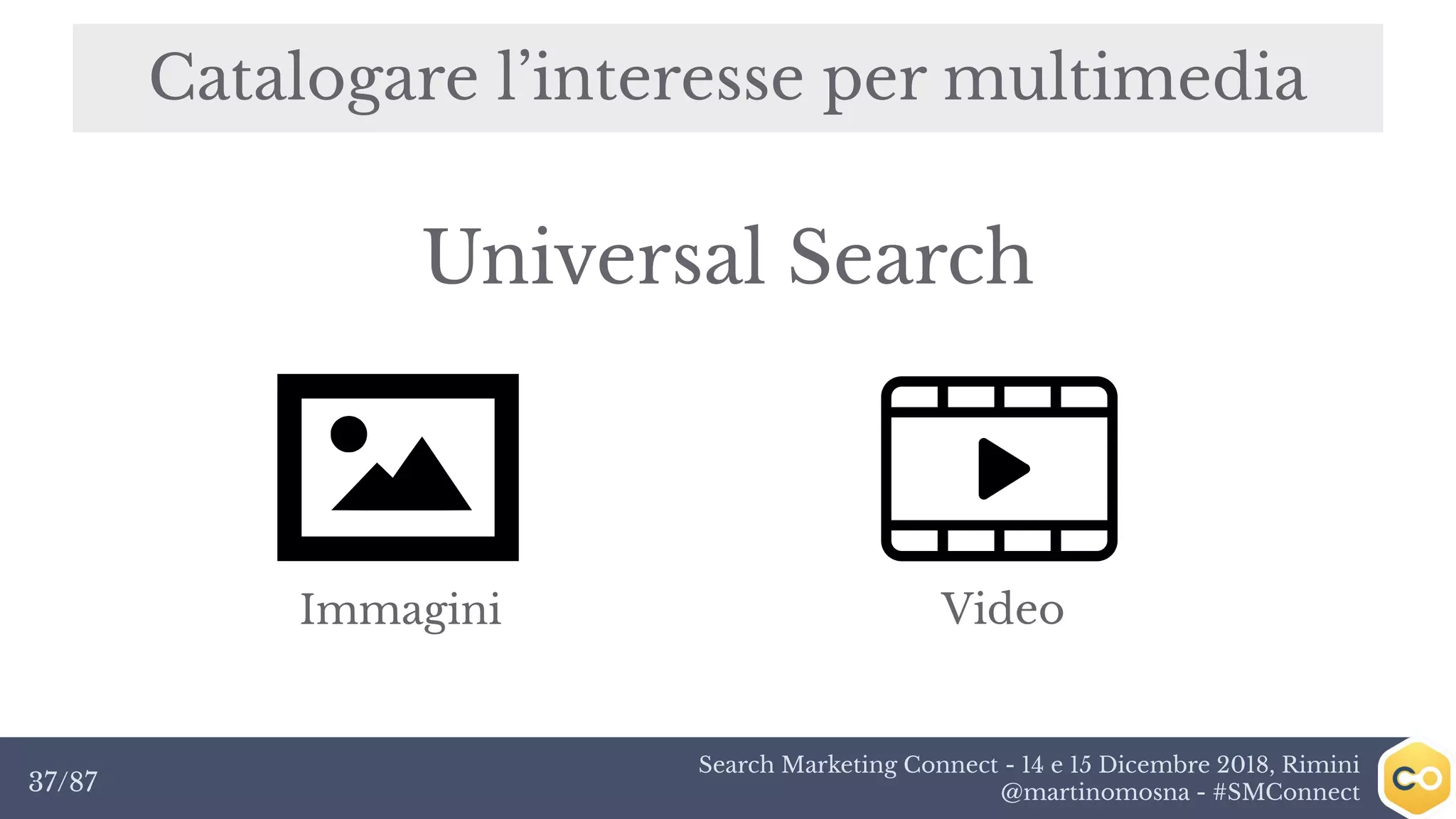 Search Marketing Connect - 14 e 15 Dicembre 2018, Rimini
@martinomosna - #SMConnect37/87
Catalogare l’interesse per multimedia
Immagini Video
Universal Search
 