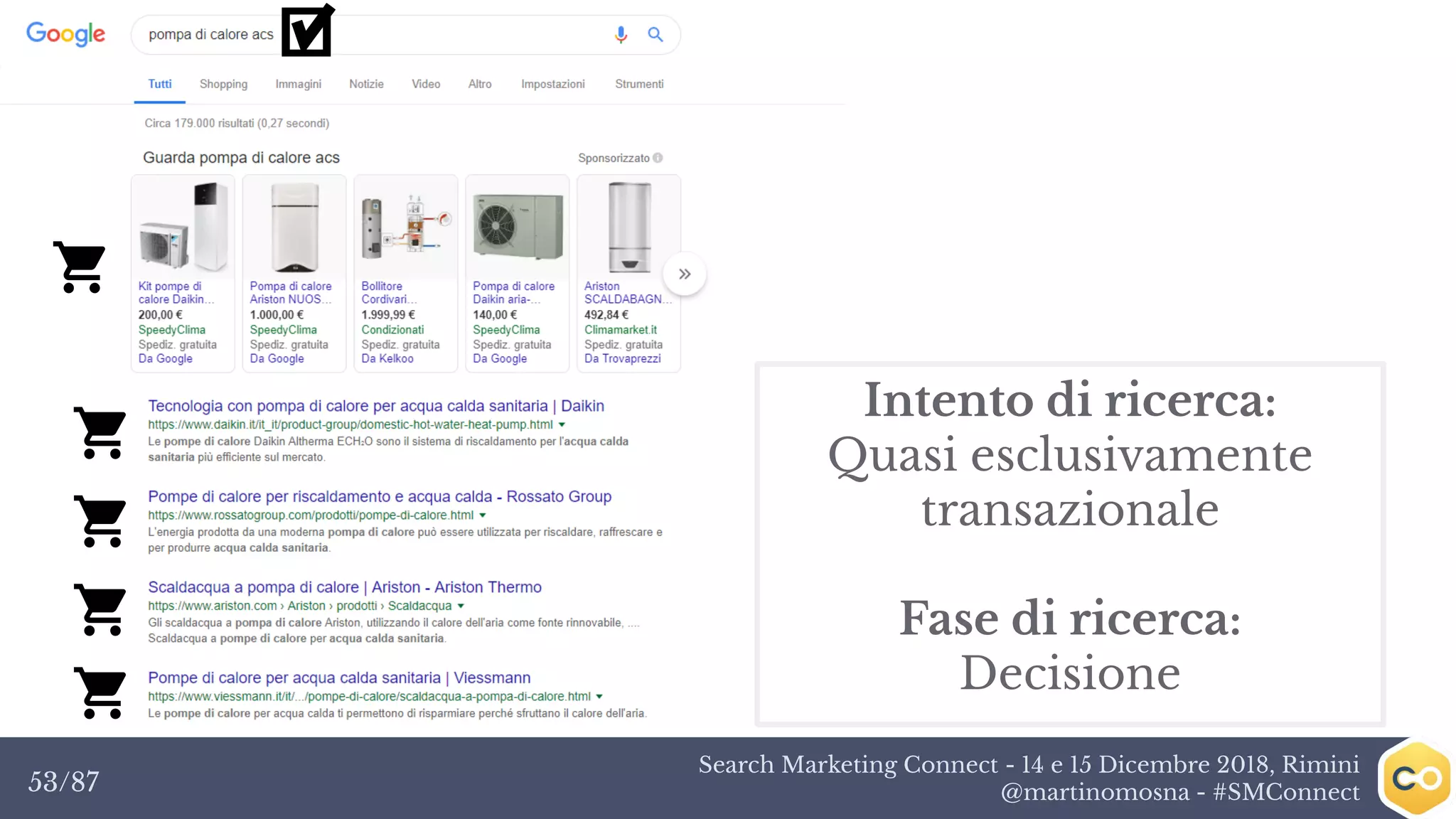 Search Marketing Connect - 14 e 15 Dicembre 2018, Rimini
@martinomosna - #SMConnect53/87
Intento di ricerca:
Quasi esclusivamente
transazionale
Fase di ricerca:
Decisione
 