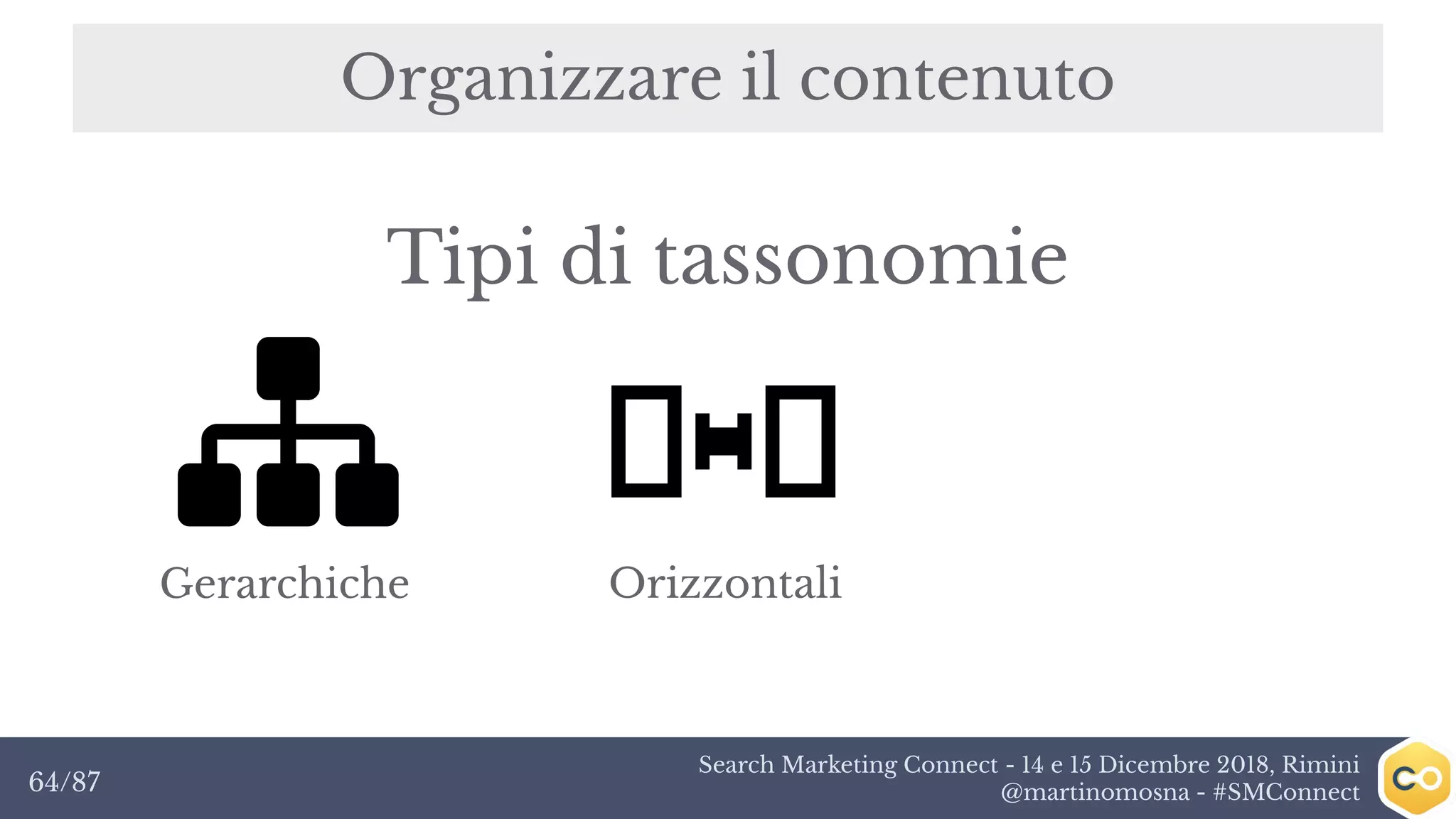 Search Marketing Connect - 14 e 15 Dicembre 2018, Rimini
@martinomosna - #SMConnect64/87
Organizzare il contenuto
Gerarchiche Orizzontali
Tipi di tassonomie
 