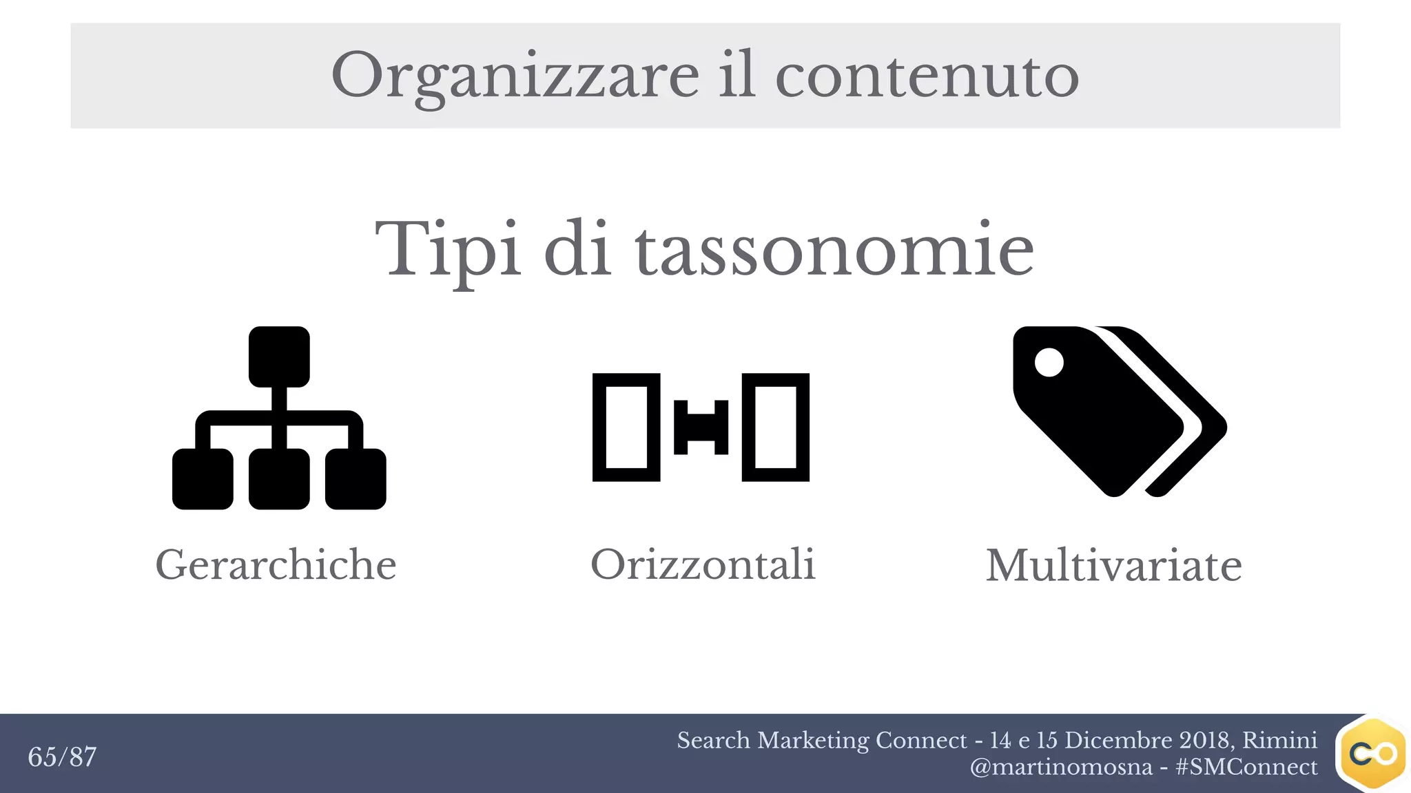Search Marketing Connect - 14 e 15 Dicembre 2018, Rimini
@martinomosna - #SMConnect65/87
Organizzare il contenuto
Gerarchiche Multivariate
Tipi di tassonomie
Orizzontali
 