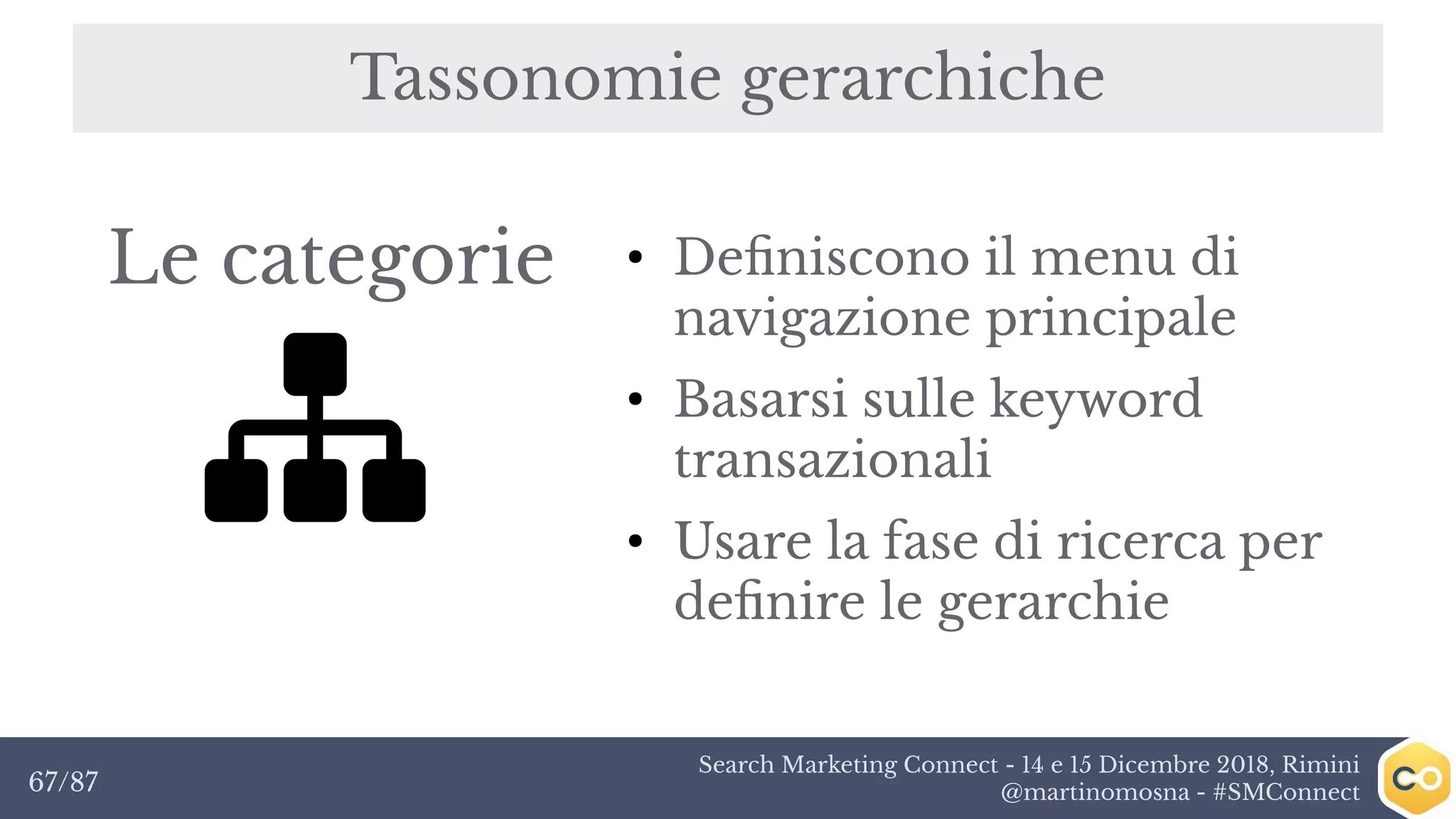 Search Marketing Connect - 14 e 15 Dicembre 2018, Rimini
@martinomosna - #SMConnect67/87
Tassonomie gerarchiche
●
Definiscono il menu di
navigazione principale
●
Basarsi sulle keyword
transazionali
●
Usare la fase di ricerca per
definire le gerarchie
Le categorie
 