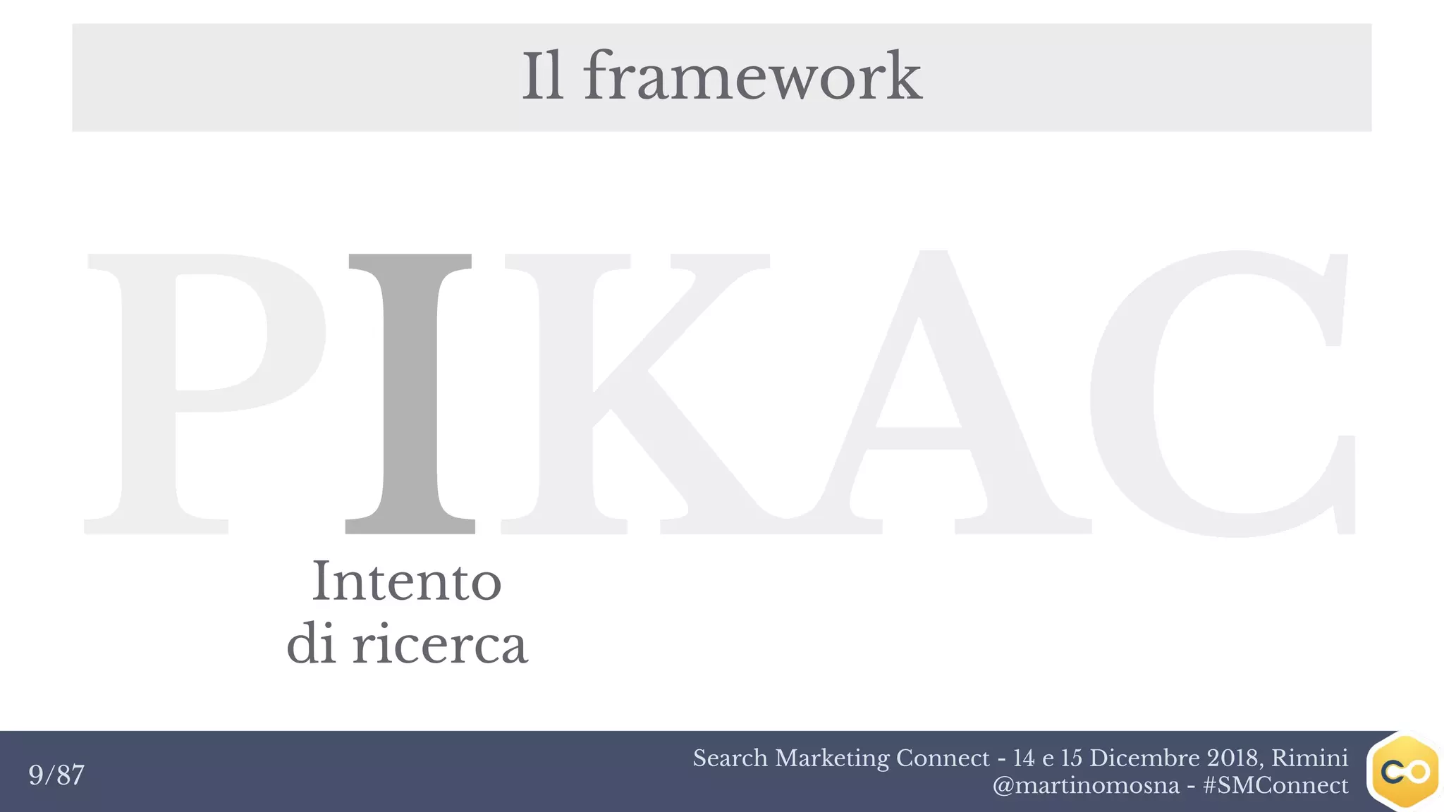 Search Marketing Connect - 14 e 15 Dicembre 2018, Rimini
@martinomosna - #SMConnect9/87
Il framework
PIKACIntento
di ricerca
 