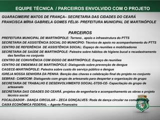 GUARACIMEIRE MATOS DE FRANÇA– SECRETARIA DAS CIDADES DO CEARÁ
FRANCISCA MÍRIA GABRIELA GOMES FÉLIX- PREFEITURA MUNICIPAL DE MARTINÓPOLE
PARCEIROS
PREFEITURA MUNICIPAL DE MARTINÓPOLE: Terreno , apoio e infraestrutura do PTTS
SECRETARIA DE ASSISTÊNCIA SOCIAL DO MUNICÍPIO: Técnico de apoio no acompanhamento do PTTS
CENTRO DE REFERÊNCIA DE ASSISTÊNCIA SOCIAL: Espaço de reuniões e mobilizadores
SECRETARIA DE SAÚDE DE MARTINÓPOLE: Palestra sobre hábitos de higiene bucal e recadastramento
das famílias no conjunto
CENTRO DE CONVIVÊNCIA COM IDOSO DE MARTINÓPOLE: Espaço de reuniões
CENTRO DE EMDEMIAS DE MARTINÓPOLE: Dialogando sobre prevenção de dengue
CAGECE-MARTINÓPOLE: Palestra sobre custo do serviço público e dengue
IGREJA NOSSA SENHORA DA PENHA: Benção das chaves e celebração final do projeto no conjunto
SEBRAE- CAMOCIM: Dialogando com grupo de artesanato para despertar a organização de grupo
SECRETARIA DE TRABALHO E DESENVOLVIMENTO SOCIAL-STDS-CE- Capacitação do grupo de
artesanato
SECRETARIA DAS CIDADES DO CEARÁ. projetos de engenharia e acompanhamento as obras e projeto
técnico social
FOCALIZADOR - DANÇA CIRCULAR – ZECA GONÇALVES: Roda de dança circular na comunidade
CAIXA ECONÔMICA FEDERAL – Agente Financeiro
EQUIPE TÉCNICA / PARCEIROS ENVOLVIDO COM O PROJETO
 