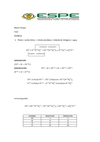 Martin Osejos
Tv22
05/08/16
1. Plomo + ácido nítrico → nitrato plumboso + dióxido de nitrógeno + agua.
𝑆𝐸 𝑅𝐸𝐷𝑈𝐶𝐸 ∴ 𝐴. 𝑂𝑋𝐼𝐷𝐴𝑁𝑇𝐸
𝑃𝑏0 + 𝐻+1 𝑁+5 𝑂3
−2
→ 𝑃𝑏+2(𝑁+5 𝑂3
−2
)2 + 𝑁+4 𝑂2
−2
+ 𝐻2
+1
𝑂−2
SE OXIDA ∴ A. REDUCTOR
SEMI-OXIDACIÓN
(𝑃𝑏0 − 2𝑒̂ → 𝑃𝑏+2) 1
SEMI-REDUCCIÓN 𝑃𝑏0 − 2𝑒̂ + 2𝑁+5 + 2𝑒̂ → 𝑃𝑏+2 + 2𝑁+4
(𝑁+5 + 1𝑒̂ → 𝑁+4) 2
𝑃𝑏0 𝑠𝑒 𝑂𝑥𝑖𝑑𝑎 𝑃𝑏+2 ∴ 𝑃𝑏0 𝐴.𝑅𝑒𝑑𝑢𝑐𝑡𝑜𝑟 𝑃𝑏+2(𝑁+5 𝑂3
−2
)2
𝑁+5 𝑠𝑒 𝑅𝑒𝑑𝑢𝑐𝑒 𝑁+4 ∴ 𝐻+1 𝑁+5 𝑂3
−2
𝐴. 𝑂𝑥𝑖𝑑𝑎𝑛𝑡𝑒 𝑁+4 𝑂2
−2
FormulaIgualada:
𝑃𝑏0 + 4𝐻+1 𝑁+5 𝑂3
−2
→ 𝑃𝑏+2(𝑁+5 𝑂3
−2
)2 + 2𝑁+4 𝑂2
−2
+ 2𝐻2
+1
𝑂−2
ATOMOS REACTIVOS PRODUCTOS
Pb 1 1
N 4 4
H 4 4
O 12 12
 