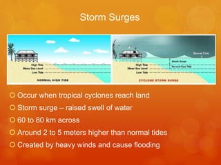 Storm Surges

 Occur when tropical cyclones reach land
 Storm surge – raised swell of water
 60 to 80 km across
 Around 2 to 5 meters higher than normal tides
 Created by heavy winds and cause flooding

 