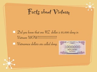 Facts about Vietnam

Did you know that one NZ dollar is 10,000 dong in
Vietnam WOW!!!!!!!!!!!!!!!!
Vietnamese dollars are called dong.
 