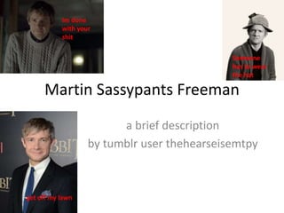 Martin Sassypants Freeman
a brief description
by tumblr user thehearseisemtpy
Someone
has to wear
the hat
get off my lawn
Im done
with your
shit
 