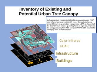 Inventory of Existing and
Potential Urban Tree Canopy
Buildings
Infrastructure
Jefferson’s study incorporated LiDAR to improve accuracy. NAIP
color infrared alone can not identify trees. Some plants have a
similar CI return (e.g., shrubs). Incorporating LiDAR to discount all
the “tree” CI return below a given height, six or eight feet, improves
the canopy accuracy from 75% using just NAIP to 98% accurate for
identifying trees in the landscape.
 
