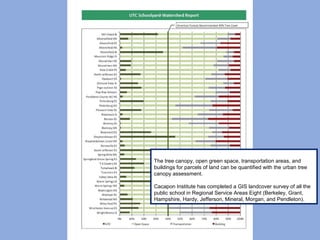 The tree canopy, open green space, transportation areas, and
buildings for parcels of land can be quantified with the urban tree
canopy assessment.
Cacapon Institute has completed a GIS landcover survey of all the
public school in Regional Service Areas Eight (Berkeley, Grant,
Hampshire, Hardy, Jefferson, Mineral, Morgan, and Pendleton).
 