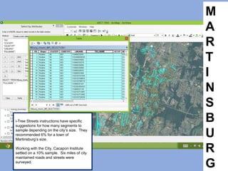 M
A
R
T
I
N
S
B
U
R
G
i-Tree Streets instructions have specific
suggestions for how many segments to
sample depending on the city’s size. They
recommended 6% for a town of
Martinsburg’s size.
Working with the City, Cacapon Institute
settled on a 10% sample. Six miles of city
maintained roads and streets were
surveyed.
 