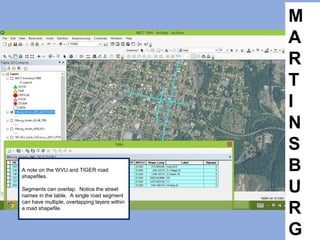 M
A
R
T
I
N
S
B
U
R
G
A note on the WVU and TIGER road
shapefiles.
Segments can overlap. Notice the street
names in the table. A single road segment
can have multiple, overlapping layers within
a road shapefile.
 