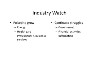 Industry Watch
                Industry Watch
• Poised to grow
  Poised to grow               • Continued struggles
                                 Continued struggles
  – Energy                       – Government
  – Health care                  – Financial activities
  – Professional & business      – Information
    services
 