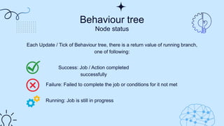Behaviour tree
Node status
Each Update / Tick of Behaviour tree, there is a return value of running branch,
one of followi...
