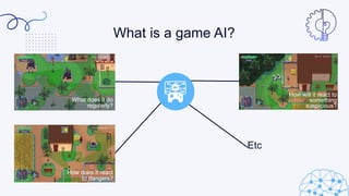 Etc
What is a game AI?
What does it do
regularly?
How does it react
to dangers?
How will it react to
something
suspicious?
 