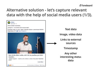 Alternative solution - let’s capture relevant
data with the help of social media users (1/3).
Text data
Image, video data
Links to external
sources
Timestamp
Any other
interesting meta-
data
 