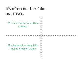 It’s often neither fake
nor news.
01 - false claims in written
content
02 - doctored or deep fake
images, video or audio
 