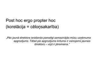 Post hoc ergo propter hoc
(korelācija = cēloņsakarība)

„Pēc jaunā direktora ierašanās pamatīgi samazinājās mūsu uzņēmuma
      apgrozījums. Tātad pie apgrozījuma krituma ir vainojams jaunais
                        direktors – viņš ir jānomaina.”
 