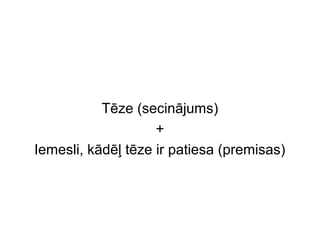 Tēze (secinājums)
                    +
Iemesli, kādēļ tēze ir patiesa (premisas)
 