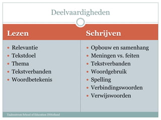LezenSchrijvenRelevantieTekstdoelThemaTekstverbandenWoordbetekenisOpbouw en samenhangMeningen vs. feitenTekstverbandenWoordgebruikSpellingVerbindingswoordenVerwijswoordenDeelvaardighedenTaalcentrum School of Education INHolland