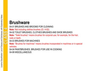 Brushware
04-01 BRUSHES AND BROOMS FOR CLEANING
Note: Not including clothes brushes (Cl. 4-02).
04-02 TOILET BRUSHES, CLOTHES BRUSHES AND SHOE BRUSHES
Note: “Toilet brushes” means brushes for corporal use; for example, for the hair,
nails or teeth.
04-03 BRUSHES FOR MACHINES
Note: “Brushes for machines” means brushes incorporated in machines or in special
vehicles.
04-04 PAINTBRUSHES, BRUSHES FOR USE IN COOKING
04-99 MISCELLANEOUS
LocarnoClassificationListofClassesandSubclasses,withExplanatoryNotes
 