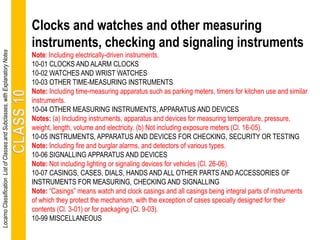 Clocks and watches and other measuring
instruments, checking and signaling instruments
Note: Including electrically-driven instruments.
10-01 CLOCKS AND ALARM CLOCKS
10-02 WATCHES AND WRIST WATCHES
10-03 OTHER TIME-MEASURING INSTRUMENTS
Note: Including time-measuring apparatus such as parking meters, timers for kitchen use and similar
instruments.
10-04 OTHER MEASURING INSTRUMENTS, APPARATUS AND DEVICES
Notes: (a) Including instruments, apparatus and devices for measuring temperature, pressure,
weight, length, volume and electricity. (b) Not including exposure meters (Cl. 16-05).
10-05 INSTRUMENTS, APPARATUS AND DEVICES FOR CHECKING, SECURITY OR TESTING
Note: Including fire and burglar alarms, and detectors of various types.
10-06 SIGNALLING APPARATUS AND DEVICES
Note: Not including lighting or signaling devices for vehicles (Cl. 26-06).
10-07 CASINGS, CASES, DIALS, HANDS AND ALL OTHER PARTS AND ACCESSORIES OF
INSTRUMENTS FOR MEASURING, CHECKING AND SIGNALLING
Note: “Casings” means watch and clock casings and all casings being integral parts of instruments
of which they protect the mechanism, with the exception of cases specially designed for their
contents (Cl. 3-01) or for packaging (Cl. 9-03).
10-99 MISCELLANEOUS
LocarnoClassificationListofClassesandSubclasses,withExplanatoryNotes
 