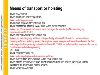 Means of transport or hoisting
12-09 TRACTORS
12-10 ROAD VEHICLE TRAILERS
Note: Including caravans.
12-11 CYCLES AND MOTORCYCLES
12-12 PERAMBULATORS, INVALID CHAIRS, STRETCHERS
Notes: (a) “Perambulators” means hand carriages for infants. (b) Not including toy
perambulators (Cl. 21-01).
12-13 SPECIAL-PURPOSE VEHICLES
Notes: (a) Including only vehicles not specifically intended for transport, such as street-
cleaning vehicles, watering lorries, fire engines, snow ploughs and breakdown lorries. (b) Not
including mixed-purpose agricultural machines (Cl. 15-03), or self-propelled machines for use in
construction and civil engineering
(Cl. 15-04).
12-14 OTHER VEHICLES
Note: Including sleighs and air-cushion vehicles.
12-15 TYRES AND ANTI-SKID CHAINS FOR VEHICLES
12-16 PARTS, EQUIPMENT AND ACCESSORIES FOR VEHICLES, NOT INCLUDED
IN OTHER CLASSES OR SUBCLASSES
12-99 MISCELLANEOUS
LocarnoClassificationListofClassesandSubclasses,withExplanatoryNotes
 