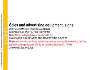 Sales and advertising equipment, signs
20-01 AUTOMATIC VENDING MACHINES
20-02 DISPLAY AND SALES EQUIPMENT
Note: Not including articles of furniture (Cl. 6).
20-03 SIGNS, SIGNBOARDS AND ADVERTISING DEVICES
Notes: (a) Including luminous advertising devices and mobile advertising devices.
(b) Not including packages (Cl. 9), or signaling devices (Cl. 10-06).
20-99 MISCELLANEOUS
LocarnoClassificationListofClassesandSubclasses,withExplanatoryNotes
 