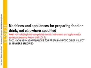 Machines and appliances for preparing food or
drink, not elsewhere specified
Note: Not including hand-manipulated utensils, instruments and appliances for
serving or preparing food or drink (Cl. 7).
31-00 MACHINES AND APPLIANCES FOR PREPARING FOOD OR DRINK, NOT
ELSEWHERE SPECIFIED
LocarnoClassificationListofClassesandSubclasses,withExplanatoryNotes
 