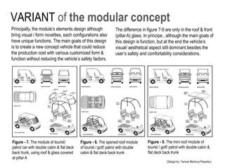 Principally, the module’s elements design although
bring visual / form novelties, each configurations also
have unique functions. The main goals of this design
is to create a new concept vehicle that could reduce
the production cost with various customized form &
function without reducing the vehicle’s safety factors.
Figure - 8. The opened roof module
of tourist / golf/ patrol with double
cabin & flat deck back trunk
Figure - 9. The mini roof module of
tourist / golf/ patrol with double cabin &
flat deck back trunk
VARIANT of the modular concept
Figure - 7. The module of tourist/
patrol car with double cabin & flat deck
back trunk, using roof & glass covered
at pillar A
The difference in figure 7-9 are only in the roof & front
(pillar A) glass. In principe , although the main goals of
this design is function, but at the end the vehicle’s
visual/ aesthetical aspect still dominant besides the
user’s safety and comfortability considerations.
(Design by: Yannes Martinus Pasaribu)
 
