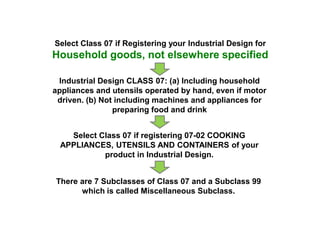 Select Class 07 if Registering your Industrial Design for
Household goods, not elsewhere specified
Industrial Design CLASS 07: (a) Including household
appliances and utensils operated by hand, even if motor
driven. (b) Not including machines and appliances for
preparing food and drink
Select Class 07 if registering 07-02 COOKING
APPLIANCES, UTENSILS AND CONTAINERS of your
product in Industrial Design.
There are 7 Subclasses of Class 07 and a Subclass 99
which is called Miscellaneous Subclass.
 