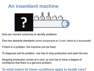 ?
One can monitor outcomes to identify problems
One has absolute standards (some components to ¼ inch, others to a thousandth)
If there is a problem, the machine can be fixed.
To diagnose and fix problem, one has to stop production and open the box.
Stopping production comes at a cost, so one has to have a degree of
confidence that there is a genuine problem.
To what extent do these conditions apply to health care?
An insentient machine
 