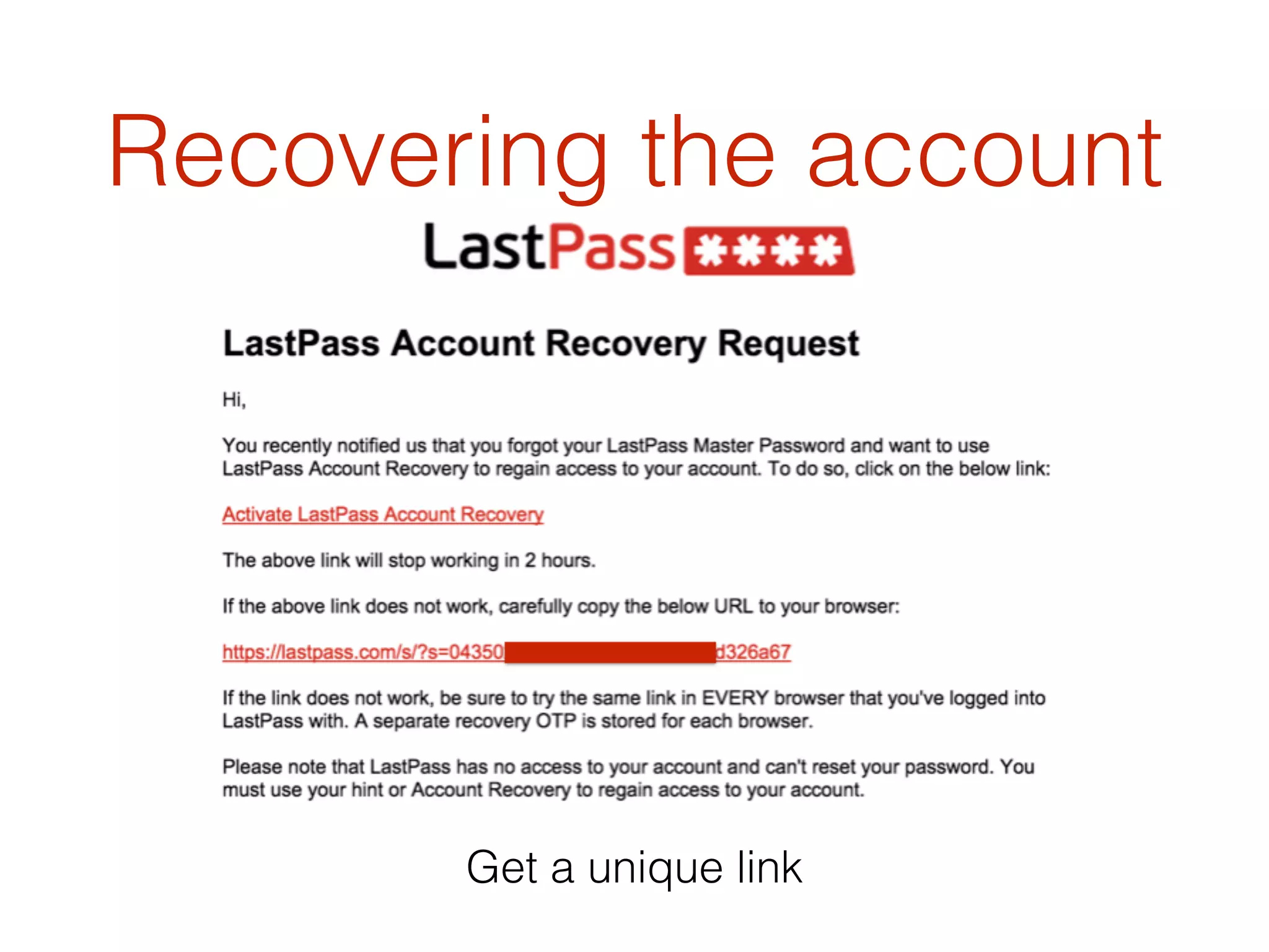 Recovering the account
Get a unique link
 