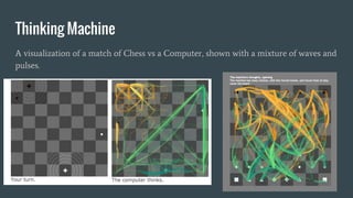 Thinking Machine
A visualization of a match of Chess vs a Computer, shown with a mixture of waves and
pulses.
 