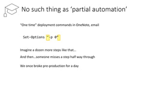 No such thing as ‘partial automation’
“One time” deployment commands in OneNote, email
Set-Options “-p 0”
Imagine a dozen more steps like that…
And then…someone misses a step half way through
We once broke pre-production for a day
 