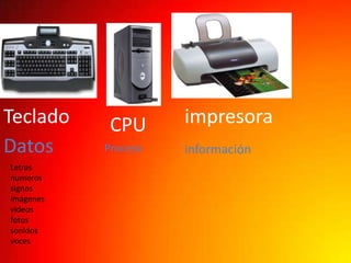 Teclado     CPU      impresora
Datos      Proceso   información
Letras
numeros
signos
imágenes
videos
fotos
sonidos
voces
 