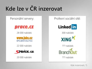 Kde lze v ČR inzerovat
 Personální servery:   Profesní sociální sítě:



      28 000 Բí         300 Բí




      22 000 Բí         ??? Բí




      20 000 Բí         ??? Բí


                                     Kde inzerovat / 5
 