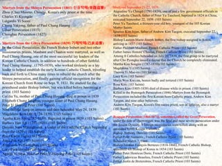 Martyrs from the Shinyu Persecution (1801) 신유박해(辛酉迫害)
Zhou (Chu) Munmo, Chinese, Korea's only priest at the time
Charles Yi Kyongdo
Lutgardis Yi Sooni
Chung Yakjong, father of Paul Chung Hasang
Ulhae Persecution (1815)
Chonghae Persecution (1827)
Martyrs from the Gihye Persecution (1839) 기해박해(己亥迫害)
In the Gihae Persecution, the French Bishop Imbert and two other
missionaries priests, Maubant and Chaston were martyred, as well as
Paul Chung Hasang, one of the most successful lay leaders of the
Korean Catholic Church, in addition to hundreds of other faithful.
Paul Chung Hasang , (1795-1839), who worked tirelessly as a lay
leader to helped establish the early Korean Catholic Church, traveling
back and forth to China many times to rebuild the church after the
Shinyu persecution, and finally gaining official recognition for the
Korean Church from Rome on Sept. 9, 1831. He studied for the
priesthood under Bishop Imbert, but was killed before becoming a
priest. (103 Saints)
Cecilia Yu, mother of Paul Chung Hasang, died in prison in 1839
Elisabeth Chung Junghye, younger sister of Paul Chung Hasang.
Peter Yi Hoyong Peter (103 Saints)
Nine faithful hung on crosses and then beheaded May 24, 1839:
Magdalene Kim Obi (1774-1839). (103 Saints)
Agatha Kim Agi (1787-1839). Baptized in prison 1839. (103 Saints)
Barbara Han Agi (1792-1839). (103 Saints)
Damian Nam Myonghyeok, a leader of the Catholic Church beginning
from the 1820's (103 Saints)
Peter Kwon Tugin (103 Saints)
Anna Pak Agi (103 Saints)
Augustine Yi Hwanghon (103 Saints)
Lucy Park Huisun (103 Saints)
Agatha Yi Sosa, sister of Peter Yi Hoyong Peter (103 Saints)
Martyred September 21-22, 1839
Augustine Yu Chingil (1791-1839), one of just a few government officials in
the Catholic Church, father of Peter Yu Taecheol, baptized in 1824 in China,
executed September 22, 1839. (103 Saints)
Peter Yu Taecheol, a thirteen-year old boy, youngest of the 103 Korean
Martyr Saints.
Ignatius Kim Jejun, father of Andrew Kim Taegon, executed September 22,
1839 (103 Saints)
Bishop Laurent-Marie-Joseph Imbert, the first bishop assigned to Korea,
arriving in 1837 (103 Saints)
Father Philibert Maubant, French Catholic Priest (103 Saints)
Father James Honore' Chastan, French Catholic Priest (103 Saints)
Among 8 Catholics beheaded on July 20, 1839, the first group to be martyred
after Cho Pyongku issued a decree that the Church be completely eliminated.
Martha Kim Songim (1787-1839)(103 Saints)
Magdalena Yi (103 Saints)
Theresa Yi Mae-im (103 Saints)
Lucy Kim (103 Saints)
Maria Won Kwi-im, beaten badly and tortured (103 Saints)
Rosa Kim (103 Saints)
Barbara Kim (1805-1839) died of disease while in prison. (103 Saints)
Killed in the Byeongoh Persecution (1846) Martyrs from the Byeongoh
Persecution included the first Korean-born Catholic priest, Andrew Kim
Taegon, and nine other believers.
Andrew Kim Taegon, Korea's first native priest, son of Ignatius, also a martyr
(103 Saints)
Byungin Persecution (1866-1871), sometimes called the Great Persecution,
under the rule of Daewongun, was the final and most severe persecution under
the Joseon Dynasty. 9 foreign missionaries were killed, along with an
estimated 8,000 Korean Catholics.
Bishop Anthony Daveluy (103 Saints)
Father Peter Aumaitre , French Catholic Priest (103 Saints)
Beheaded March 7, 1866
Bishop Siméon François Berneux (1814-1866), French Catholic Bishop,
appointed 4th Bishop of Korea in 1854 (103 Saints)
Father Peter Henricus Dorie, French Catholic Priest (103 Saints)
Father Ludovicus Beaulieu, French Catholic Priest (103 Saints)
Father Justin de Bretenières, French Catholic Priest (103 Saints)
 