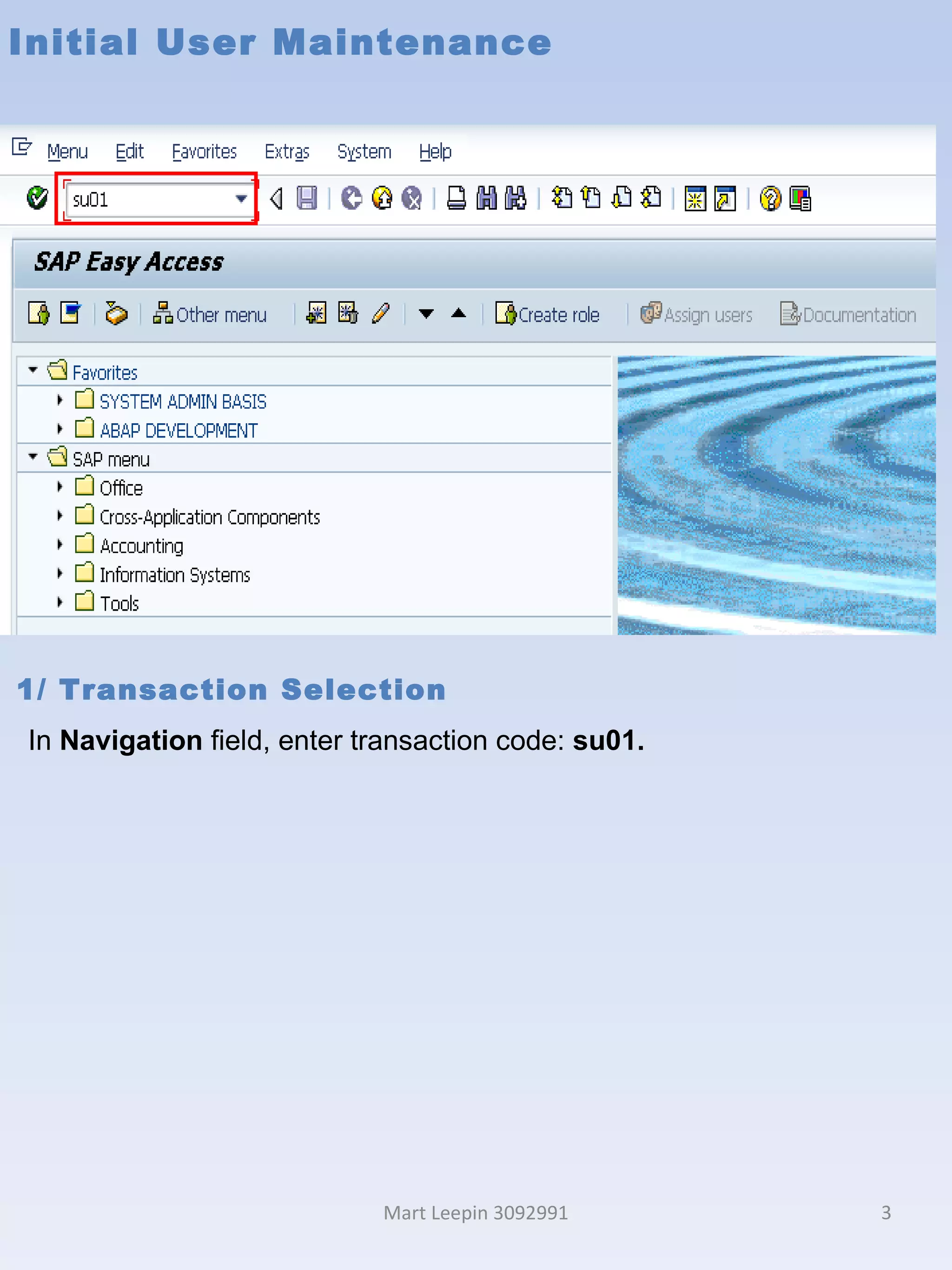 Initial User Maintenance Mart Leepin 3092991 1/ Transaction Selection In  Navigation  field, enter transaction code:  su01. 