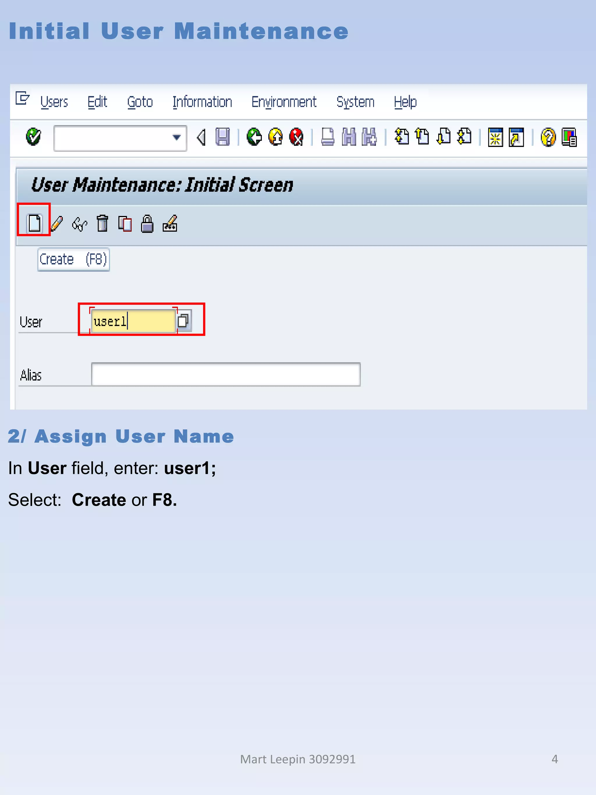 Initial User Maintenance Mart Leepin 3092991 2/ Assign User Name In  User  field, enter:  user1; Select:   Create  or  F8. 