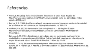Referencias 
• Artero, B. N. (2011). www.educaweb.com. Recuperado el 19 de mayo de 2011 de 
http://www.educaweb.com/noticia/2011/01/31/interaccion-como-eje-aprendizaje-redes-sociales- 
14570.html 
• Barrios, R. A. (2009). Los jóvenes y la red: usos y consumos de los nuevos medios en la sociedad 
de la información y la comunicación. Signo y Pensamiento, pp. 265-275. 
• Calderón, V. R. (2009). www.docstoc.com. Recuperado el 31 de mayo de 2011 de 
http://www.docstoc.com/docs/66478322/Espacios-de-Comunicacion-Multimodal-en- 
Transmedios 
• Carranza, A. M. (2011). Estrategias de aprendizaje para los alumnos de nivel superior en 
modalidades no convencionales del CUAltos. En C. A. Sociedad, Investigación educativa en la 
región Altos sur de Jalisco. Tepatitlán de Morelos: CUAltos, pp. 11-25. 
• Ciuffoli, C. (2010). Facebook como paradigma de alfatezación digital en tiempos de barbarie 
cultural. En A. Piscitelli y B. I. Adaime. El proyecto Facebook y la posuniversidad. Madrid: Ariel, pp. 
111-128. 
 