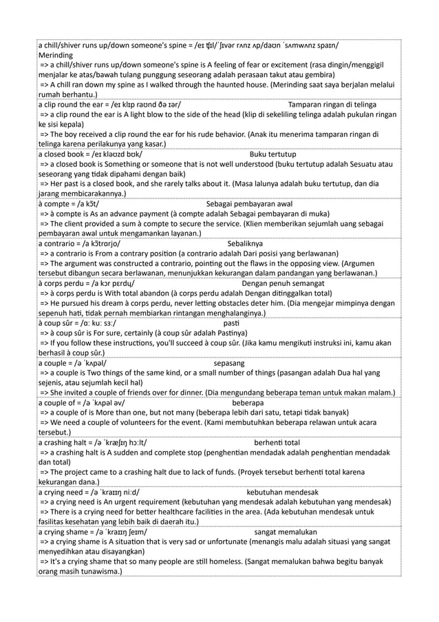 a chill/shiver runs up/down someone's spine = /eɪ ʧɪl/ˈʃɪvər rʌnz ʌp/daʊn ˈsʌmwʌnz spaɪn/
Merinding
=> a chill/shiver runs up/down someone's spine is A feeling of fear or excitement (rasa dingin/menggigil
menjalar ke atas/bawah tulang punggung seseorang adalah perasaan takut atau gembira)
=> A chill ran down my spine as I walked through the haunted house. (Merinding saat saya berjalan melalui
rumah berhantu.)
a clip round the ear = /eɪ klɪp raʊnd ðə ɪər/ Tamparan ringan di telinga
=> a clip round the ear is A light blow to the side of the head (klip di sekeliling telinga adalah pukulan ringan
ke sisi kepala)
=> The boy received a clip round the ear for his rude behavior. (Anak itu menerima tamparan ringan di
telinga karena perilakunya yang kasar.)
a closed book = /eɪ kləʊzd bʊk/ Buku tertutup
=> a closed book is Something or someone that is not well understood (buku tertutup adalah Sesuatu atau
seseorang yang tidak dipahami dengan baik)
=> Her past is a closed book, and she rarely talks about it. (Masa lalunya adalah buku tertutup, dan dia
jarang membicarakannya.)
à compte = /a kɔ̃t/ Sebagai pembayaran awal
=> à compte is As an advance payment (à compte adalah Sebagai pembayaran di muka)
=> The client provided a sum à compte to secure the service. (Klien memberikan sejumlah uang sebagai
pembayaran awal untuk mengamankan layanan.)
a contrario = /a kɔ̃trɑrjo/ Sebaliknya
=> a contrario is From a contrary position (a contrario adalah Dari posisi yang berlawanan)
=> The argument was constructed a contrario, pointing out the flaws in the opposing view. (Argumen
tersebut dibangun secara berlawanan, menunjukkan kekurangan dalam pandangan yang berlawanan.)
à corps perdu = /a kɔr pɛrdɥ/ Dengan penuh semangat
=> à corps perdu is With total abandon (à corps perdu adalah Dengan ditinggalkan total)
=> He pursued his dream à corps perdu, never letting obstacles deter him. (Dia mengejar mimpinya dengan
sepenuh hati, tidak pernah membiarkan rintangan menghalanginya.)
à coup sûr = /ɑː kuː sɜː/ pasti
=> à coup sûr is For sure, certainly (à coup sûr adalah Pastinya)
=> If you follow these instructions, you'll succeed à coup sûr. (Jika kamu mengikuti instruksi ini, kamu akan
berhasil à coup sûr.)
a couple = /ə ˈkʌpəl/ sepasang
=> a couple is Two things of the same kind, or a small number of things (pasangan adalah Dua hal yang
sejenis, atau sejumlah kecil hal)
=> She invited a couple of friends over for dinner. (Dia mengundang beberapa teman untuk makan malam.)
a couple of = /ə ˈkʌpəl əv/ beberapa
=> a couple of is More than one, but not many (beberapa lebih dari satu, tetapi tidak banyak)
=> We need a couple of volunteers for the event. (Kami membutuhkan beberapa relawan untuk acara
tersebut.)
a crashing halt = /ə ˈkræʃɪŋ hɔːlt/ berhenti total
=> a crashing halt is A sudden and complete stop (penghentian mendadak adalah penghentian mendadak
dan total)
=> The project came to a crashing halt due to lack of funds. (Proyek tersebut berhenti total karena
kekurangan dana.)
a crying need = /ə ˈkraɪɪŋ niːd/ kebutuhan mendesak
=> a crying need is An urgent requirement (kebutuhan yang mendesak adalah kebutuhan yang mendesak)
=> There is a crying need for better healthcare facilities in the area. (Ada kebutuhan mendesak untuk
fasilitas kesehatan yang lebih baik di daerah itu.)
a crying shame = /ə ˈkraɪɪŋ ʃeɪm/ sangat memalukan
=> a crying shame is A situation that is very sad or unfortunate (menangis malu adalah situasi yang sangat
menyedihkan atau disayangkan)
=> It's a crying shame that so many people are still homeless. (Sangat memalukan bahwa begitu banyak
orang masih tunawisma.)
 