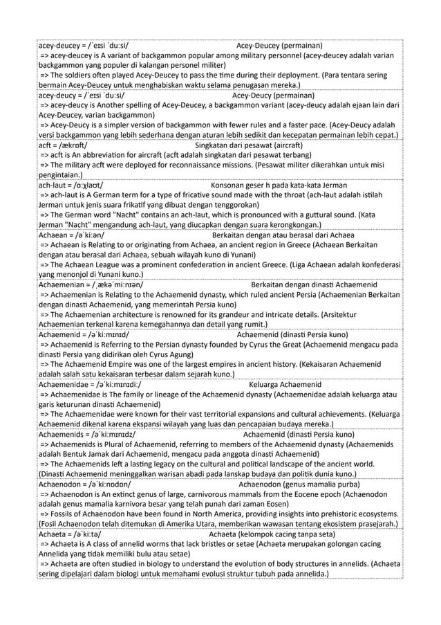 acey-deucey = /ˈeɪsi ˈduːsi/ Acey-Deucey (permainan)
=> acey-deucey is A variant of backgammon popular among military personnel (acey-deucey adalah varian
backgammon yang populer di kalangan personel militer)
=> The soldiers often played Acey-Deucey to pass the time during their deployment. (Para tentara sering
bermain Acey-Deucey untuk menghabiskan waktu selama penugasan mereka.)
acey-deucy = /ˈeɪsi ˈduːsi/ Acey-Deucy (permainan)
=> acey-deucy is Another spelling of Acey-Deucey, a backgammon variant (acey-deucy adalah ejaan lain dari
Acey-Deucey, varian backgammon)
=> Acey-Deucy is a simpler version of backgammon with fewer rules and a faster pace. (Acey-Deucy adalah
versi backgammon yang lebih sederhana dengan aturan lebih sedikit dan kecepatan permainan lebih cepat.)
acft = /ækrɒft/ Singkatan dari pesawat (aircraft)
=> acft is An abbreviation for aircraft (acft adalah singkatan dari pesawat terbang)
=> The military acft were deployed for reconnaissance missions. (Pesawat militer dikerahkan untuk misi
pengintaian.)
ach-laut = /ɑːχlaʊt/ Konsonan geser h pada kata-kata Jerman
=> ach-laut is A German term for a type of fricative sound made with the throat (ach-laut adalah istilah
Jerman untuk jenis suara frikatif yang dibuat dengan tenggorokan)
=> The German word "Nacht" contains an ach-laut, which is pronounced with a guttural sound. (Kata
Jerman "Nacht" mengandung ach-laut, yang diucapkan dengan suara kerongkongan.)
Achaean = /əˈkiːən/ Berkaitan dengan atau berasal dari Achaea
=> Achaean is Relating to or originating from Achaea, an ancient region in Greece (Achaean Berkaitan
dengan atau berasal dari Achaea, sebuah wilayah kuno di Yunani)
=> The Achaean League was a prominent confederation in ancient Greece. (Liga Achaean adalah konfederasi
yang menonjol di Yunani kuno.)
Achaemenian = /ˌækəˈmiːnɪən/ Berkaitan dengan dinasti Achaemenid
=> Achaemenian is Relating to the Achaemenid dynasty, which ruled ancient Persia (Achaemenian Berkaitan
dengan dinasti Achaemenid, yang memerintah Persia kuno)
=> The Achaemenian architecture is renowned for its grandeur and intricate details. (Arsitektur
Achaemenian terkenal karena kemegahannya dan detail yang rumit.)
Achaemenid = /əˈkiːmɪnɪd/ Achaemenid (dinasti Persia kuno)
=> Achaemenid is Referring to the Persian dynasty founded by Cyrus the Great (Achaemenid mengacu pada
dinasti Persia yang didirikan oleh Cyrus Agung)
=> The Achaemenid Empire was one of the largest empires in ancient history. (Kekaisaran Achaemenid
adalah salah satu kekaisaran terbesar dalam sejarah kuno.)
Achaemenidae = /əˈkiːmɪnɪdiː/ Keluarga Achaemenid
=> Achaemenidae is The family or lineage of the Achaemenid dynasty (Achaemenidae adalah keluarga atau
garis keturunan dinasti Achaemenid)
=> The Achaemenidae were known for their vast territorial expansions and cultural achievements. (Keluarga
Achaemenid dikenal karena ekspansi wilayah yang luas dan pencapaian budaya mereka.)
Achaemenids = /əˈkiːmɪnɪdz/ Achaemenid (dinasti Persia kuno)
=> Achaemenids is Plural of Achaemenid, referring to members of the Achaemenid dynasty (Achaemenids
adalah Bentuk Jamak dari Achaemenid, mengacu pada anggota dinasti Achaemenid)
=> The Achaemenids left a lasting legacy on the cultural and political landscape of the ancient world.
(Dinasti Achaemenid meninggalkan warisan abadi pada lanskap budaya dan politik dunia kuno.)
Achaenodon = /əˈkiːnɒdɒn/ Achaenodon (genus mamalia purba)
=> Achaenodon is An extinct genus of large, carnivorous mammals from the Eocene epoch (Achaenodon
adalah genus mamalia karnivora besar yang telah punah dari zaman Eosen)
=> Fossils of Achaenodon have been found in North America, providing insights into prehistoric ecosystems.
(Fosil Achaenodon telah ditemukan di Amerika Utara, memberikan wawasan tentang ekosistem prasejarah.)
Achaeta = /əˈkiːtə/ Achaeta (kelompok cacing tanpa seta)
=> Achaeta is A class of annelid worms that lack bristles or setae (Achaeta merupakan golongan cacing
Annelida yang tidak memiliki bulu atau setae)
=> Achaeta are often studied in biology to understand the evolution of body structures in annelids. (Achaeta
sering dipelajari dalam biologi untuk memahami evolusi struktur tubuh pada annelida.)
 