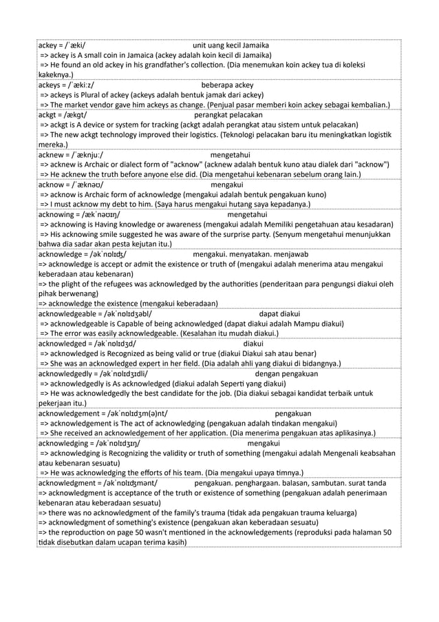 ackey = /ˈæki/ unit uang kecil Jamaika
=> ackey is A small coin in Jamaica (ackey adalah koin kecil di Jamaika)
=> He found an old ackey in his grandfather's collection. (Dia menemukan koin ackey tua di koleksi
kakeknya.)
ackeys = /ˈækiːz/ beberapa ackey
=> ackeys is Plural of ackey (ackeys adalah bentuk jamak dari ackey)
=> The market vendor gave him ackeys as change. (Penjual pasar memberi koin ackey sebagai kembalian.)
ackgt = /ækɡt/ perangkat pelacakan
=> ackgt is A device or system for tracking (ackgt adalah perangkat atau sistem untuk pelacakan)
=> The new ackgt technology improved their logistics. (Teknologi pelacakan baru itu meningkatkan logistik
mereka.)
acknew = /ˈæknjuː/ mengetahui
=> acknew is Archaic or dialect form of "acknow" (acknew adalah bentuk kuno atau dialek dari "acknow")
=> He acknew the truth before anyone else did. (Dia mengetahui kebenaran sebelum orang lain.)
acknow = /ˈæknəʊ/ mengakui
=> acknow is Archaic form of acknowledge (mengakui adalah bentuk pengakuan kuno)
=> I must acknow my debt to him. (Saya harus mengakui hutang saya kepadanya.)
acknowing = /ækˈnəʊɪŋ/ mengetahui
=> acknowing is Having knowledge or awareness (mengakui adalah Memiliki pengetahuan atau kesadaran)
=> His acknowing smile suggested he was aware of the surprise party. (Senyum mengetahui menunjukkan
bahwa dia sadar akan pesta kejutan itu.)
acknowledge = /əkˈnɒlɪʤ/ mengakui. menyatakan. menjawab
=> acknowledge is accept or admit the existence or truth of (mengakui adalah menerima atau mengakui
keberadaan atau kebenaran)
=> the plight of the refugees was acknowledged by the authorities (penderitaan para pengungsi diakui oleh
pihak berwenang)
=> acknowledge the existence (mengakui keberadaan)
acknowledgeable = /əkˈnɒlɪdʒəbl/ dapat diakui
=> acknowledgeable is Capable of being acknowledged (dapat diakui adalah Mampu diakui)
=> The error was easily acknowledgeable. (Kesalahan itu mudah diakui.)
acknowledged = /əkˈnɒlɪdʒd/ diakui
=> acknowledged is Recognized as being valid or true (diakui Diakui sah atau benar)
=> She was an acknowledged expert in her field. (Dia adalah ahli yang diakui di bidangnya.)
acknowledgedly = /əkˈnɒlɪdʒɪdli/ dengan pengakuan
=> acknowledgedly is As acknowledged (diakui adalah Seperti yang diakui)
=> He was acknowledgedly the best candidate for the job. (Dia diakui sebagai kandidat terbaik untuk
pekerjaan itu.)
acknowledgement = /əkˈnɒlɪdʒm(ə)nt/ pengakuan
=> acknowledgement is The act of acknowledging (pengakuan adalah tindakan mengakui)
=> She received an acknowledgement of her application. (Dia menerima pengakuan atas aplikasinya.)
acknowledging = /əkˈnɒlɪdʒɪŋ/ mengakui
=> acknowledging is Recognizing the validity or truth of something (mengakui adalah Mengenali keabsahan
atau kebenaran sesuatu)
=> He was acknowledging the efforts of his team. (Dia mengakui upaya timnya.)
acknowledgment = /əkˈnɒlɪʤmənt/ pengakuan. penghargaan. balasan, sambutan. surat tanda
=> acknowledgment is acceptance of the truth or existence of something (pengakuan adalah penerimaan
kebenaran atau keberadaan sesuatu)
=> there was no acknowledgment of the family's trauma (tidak ada pengakuan trauma keluarga)
=> acknowledgment of something's existence (pengakuan akan keberadaan sesuatu)
=> the reproduction on page 50 wasn't mentioned in the acknowledgements (reproduksi pada halaman 50
tidak disebutkan dalam ucapan terima kasih)
 