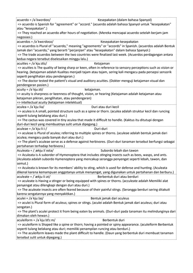 acuerdo = /əˈkwɛrdoʊ/ Kesepakatan (dalam bahasa Spanyol)
=> acuerdo is Spanish for "agreement" or "accord." (acuerdo adalah bahasa Spanyol untuk "kesepakatan"
atau "kesepakatan".)
=> They reached an acuerdo after hours of negotiation. (Mereka mencapai acuerdo setelah berjam-jam
negosiasi.)
acuerdos = /əˈkwɛrdoʊz/ Kesepakatan-kesepakatan
=> acuerdos is Plural of "acuerdo," meaning "agreements" or "accords" in Spanish. (acuerdos adalah Bentuk
Jamak dari "acuerdo," yang berarti "perjanjian" atau "kesepakatan" dalam bahasa Spanyol.)
=> The trade acuerdos between the two countries were finalized last week. (Acuerdos perdagangan antara
kedua negara tersebut diselesaikan minggu lalu.)
acuities = /əˈkjuːɪtiz/ Ketajaman
=> acuities is The quality of being sharp or keen, often in reference to sensory perceptions such as vision or
hearing. (ketajaman adalah Kualitas menjadi tajam atau tajam, sering kali mengacu pada persepsi sensorik
seperti penglihatan atau pendengaran.)
=> The doctor tested the patient's visual and auditory acuities. (Dokter menguji ketajaman visual dan
pendengaran pasien.)
acuity = /əˈkjuːɪti/ ketajaman.
=> acuity is sharpness or keenness of thought, vision, or hearing (Ketajaman adalah ketajaman atau
ketajaman pikiran, penglihatan, atau pendengaran)
=> intellectual acuity (ketajaman intelektual)
aculea = /əˈkjuːliə/ Duri atau duri kecil
=> aculea is A small, pointed structure such as a spine or thorn. (aculea adalah struktur kecil dan runcing
seperti tulang belakang atau duri.)
=> The cactus was covered in tiny aculea that made it difficult to handle. (Kaktus itu ditutupi dengan
duri-duri kecil yang membuatnya sulit untuk dipegang.)
aculeae = /əˈkjuːliːiː/ Duri-duri
=> aculeae is Plural of aculea; referring to multiple spines or thorns. (aculeae adalah bentuk jamak dari
aculea; mengacu pada banyak duri atau duri.)
=> The plant's aculeae serve as a defense against herbivores. (Duri-duri tanaman tersebut berfungsi sebagai
pertahanan terhadap herbivora.)
Aculeata = /ˌækjuːliˈeɪtə/ Subordo lebah dan tawon
=> Aculeata is A suborder of Hymenoptera that includes stinging insects such as bees, wasps, and ants.
(Aculeata adalah subordo Hymenoptera yang mencakup serangga penyengat seperti lebah, tawon, dan
semut.)
=> Aculeata is known for its members' ability to sting, which is used for defense and hunting. (Aculeata
dikenal karena kemampuan anggotanya untuk menyengat, yang digunakan untuk pertahanan dan berburu.)
aculeate = /ˈækjuːliːət/ Berbentuk duri atau berduri
=> aculeate is Having a stinger or being equipped with spines or thorns. (acculeate adalah Memiliki alat
penyengat atau dilengkapi dengan duri atau duri.)
=> The aculeate insects are often feared because of their painful stings. (Serangga berduri sering ditakuti
karena sengatannya yang menyakitkan.)
aculei = /əˈkjuːlaɪ/ Bentuk jamak dari aculeus
=> aculei is Plural form of aculeus; spines or stings. (aculei adalah Bentuk jamak dari aculeus; duri atau
sengatan.)
=> The plant's aculei protect it from being eaten by animals. (Duri-duri pada tanaman itu melindunginya dari
dimakan oleh hewan.)
aculeiform = /əˈkjuːlɪfɔːm/ Berbentuk duri
=> aculeiform is Shaped like a spine or thorn; having a pointed or spiny appearance. (aculeiform Berbentuk
seperti tulang belakang atau duri; memiliki penampilan runcing atau berduri.)
=> The aculeiform leaves made the plant difficult to handle. (Daun yang berbentuk duri membuat tanaman
tersebut sulit untuk dipegang.)
 